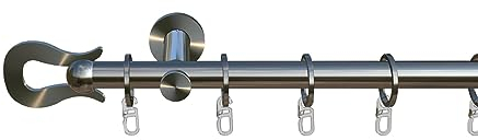 tilldekor Gardinenstange nach Maß, Versailles, 1-lauf,Edelstahl-Optik 20 mm Durchmesser, Wunschmaßlänge 150 cm inkl. Trägern,Endstücken, Ringen und Faltenlegehaken