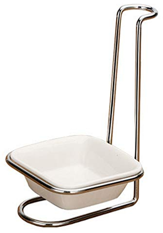 DOITOOL Kitchen Spoon Rest White Ceramic Single Ladle Spoon Rest Holder with Stainless Steel Rack Upright Utensil Holder for Stovetop Kitchen Counter Organization Double Spoon Stand Rack