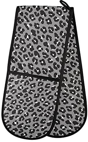 PUXUQU Oven Gloves Double Oven Mitts Gloves, Grey Leopard Print Heat Resistant Oven Gloves for Baking BBQ Kitchen Cooking Gloves