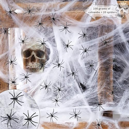 Halloween Spinnennetz Dekoration, 100g Halloween Spinnennetz mit 20 Schwarzen Spinnen, Halloween Deko, Dehnbare Spinnennetze Halloween Deko Set, Realistische Spinnennetz für Halloween, Fasching