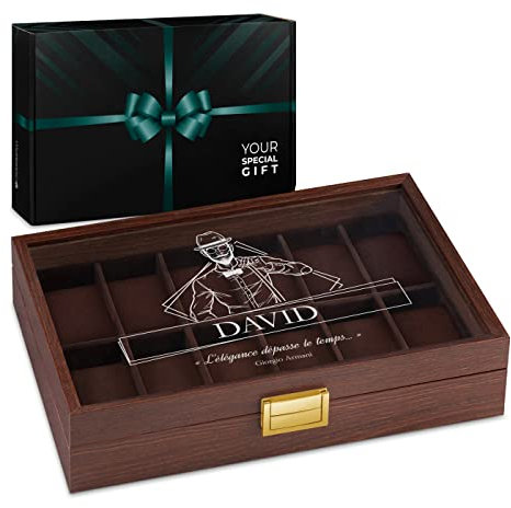 Maverton Boîte à Montres Personnalisée - Coffret de rangement pour 12 montres - Boite Montre avec Gravure - Cadeau Homme Anniversaire - Cadeau Personnalisé pour Collegue - Ami - Étui en Bois - Homme