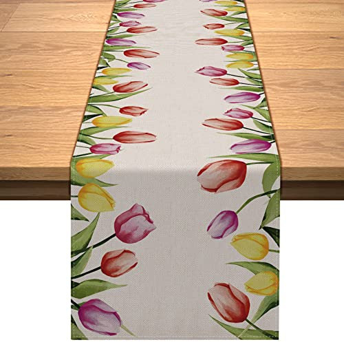 Tischläufer aus Leinen, Aquarell, Tulpen, 183 cm lang, saisonale Party, Zuhause, Küche, Esszimmer, Tisch, Innen- und Außenbereich, Dekoration