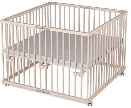 Sämann Laufgitter faltbar 100x100 cm mit Matratze - PREMIUM - stufenlos höhenverstellbar - Laufstall klappbar - Baby Buche natur