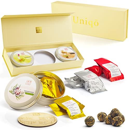 TEA Uniqo Teeblumen Geschenkset mit 18 Teerosen | Originelles Tee Geschenk - Grüntee, Schwarztee, Weißer Tee Geschenke für Frauen