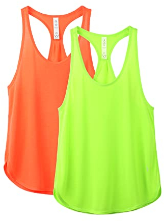icyzone Damen Sport Top Locker Fitness Yoga Shirt Racerback Tank Tops Sport Oberteile, 2er Pack (XL, Neon Green/Neon Orange)