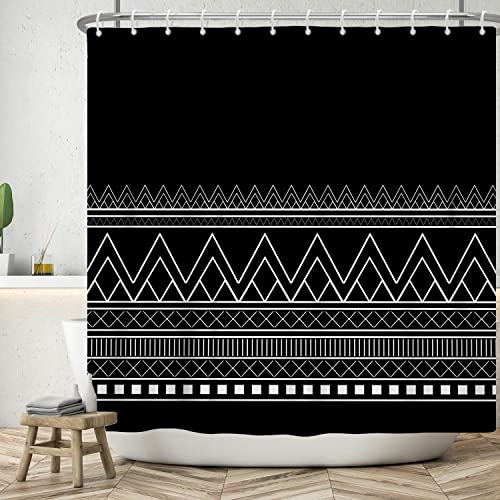 ASDCXZ Duschvorhang Schwarz 180x180 cm, Modern Boho Schwarz Weiss Welle Linien Wasserdicht Bad Duschvorhänge Ösen Stoff Waschbar Polyester Textil Duschvorhang für Badewanne mit 12 Duschvorhang Hake