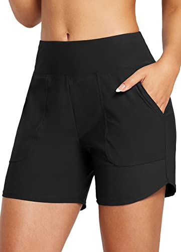 baleaf Damen Badeshorts Bauchkontrolle UPF50+ Badehose Schnell Trocknend Schwimmhose Hohe Taille Boardshorts Schwimmunterteil mit Taschen Schwarz L