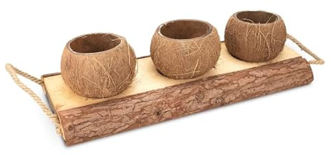 NaDeco Holzschale mit Kokosnuss-Bechern in Zwei Größen zur Auswahl | Dekoschale mit echten Kokosnüssen | Kokosbecher | Deko Kokosnuss | Deko-Schale | Beach-Club-Deko, Größe:46 cm mit 3 Bechern