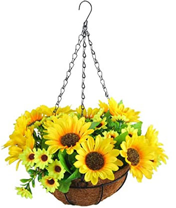 Panier à fleurs artificielles à suspendre avec fleurs pour terrasse, jardin, porche, décoration de plantes artificielles d'extérieur pour la maison et l'extérieur, 27,9 x 43,2 cm (tournesol)