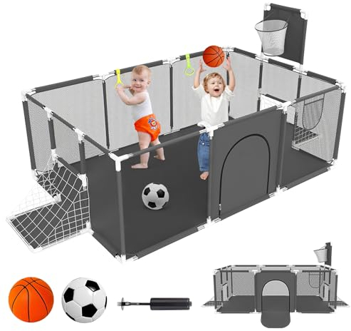 Laufstall Baby,Laufstall Baby Faltbar182Cm*122Cm,Baby Playpen,Mit Atmungsaktivem Netz,Basketballkorb Und Fußballleiter,Baby Laufgitter,Aktivitätszentrum Baby