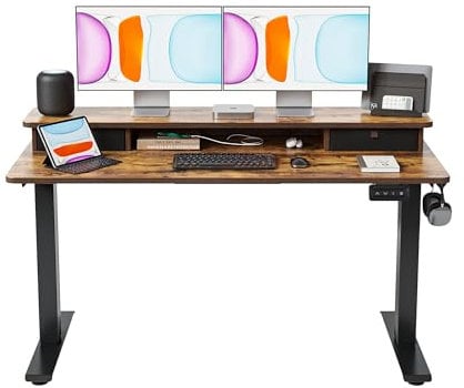CubiCubi Höhenverstellbarer Elektrischer Stehtisch mit Doppelschublade, 140 x 60 cm Stehtisch mit Ablage, Sitz-Steh-Schreibtisch mit Verbindungsplatte,Schwarzer Rahmen/Rustikal Braun Oberfläche