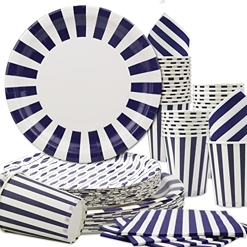 Obussgar Vaisselle à Rayures Comprenant Assiettes, Serviettes, gobelets en Papier pour Les fêtes d'anniversaire, Les remises de diplômes, Les Mariages, Les fêtes prénatales (Bleu foncé 24)