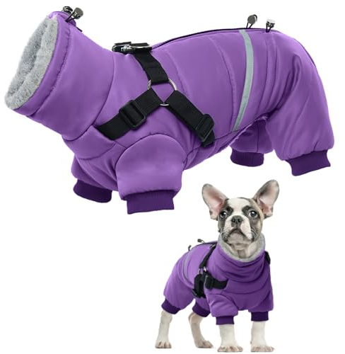 Hundemantel mit Geschirr Kleine Hunde, Hundejacke Fleece Welpen Warme Jacke Weste Wintermantel Hund Klein Onesie Winter Hund Overall Winter Hundekleidung(Lila, S)