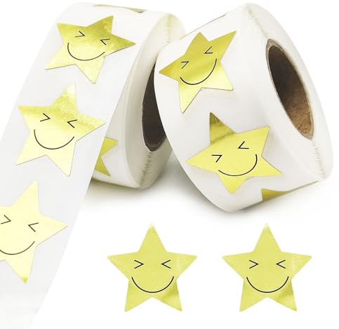 EUPSIIU 1000 Stück Stern Smile Aufkleber, Belohnungs Aufkleber, Golden Star Smile Aufkleber, Zum Basteln für Klassenzimmer Lehrer ZubehöR, Kinderbelohnung in Schule Klassenzimmer (2,5 cm)
