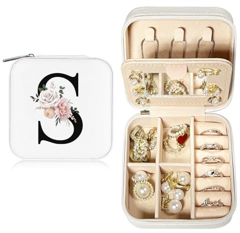 JEKUGOT Personalisierbare Reise-Schmuckschatulle, Alphabet-Schmuck-Organizer, kleine Reise-Schmuck-Aufbewahrungsbox mit Spiegel, tragbare Schmuckschatulle, Geburtstagsgeschenk für Frauen,