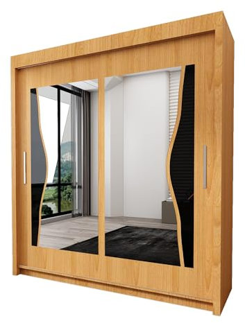 INTERWOOD Double Mirror Sliding Doors Wardrobe, featuring double sliding Doors, Hanging Rails & Adjustable Shelves, offers Space Saving solutions for Bedroom furniture in Matt finish 203cm (Sonoma)