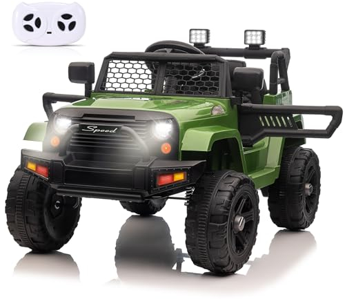 12-V-Elektroauto,Fernbedienung für Eltern, Zwei 35-W-Motoren, 5.2km/h Höchstgeschwindigkeit, zu öffnende Türen, Musik-Player, 4 Räder, Federung, LED-Beleuchtung, Sicherheitsgurt(Grün)