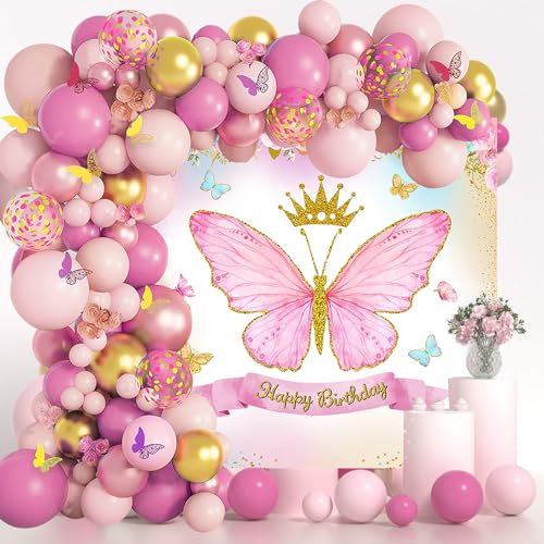 Luftballon Girlande Rosa Gold, 100pcs Pink Gold Ballon Girlande Set mit Schmetterling Aufkleber und Hintergrund, Prinzessin Geburtstag Deko für Mädchen Geburtstag Babyparty Schmetterling Thema Party