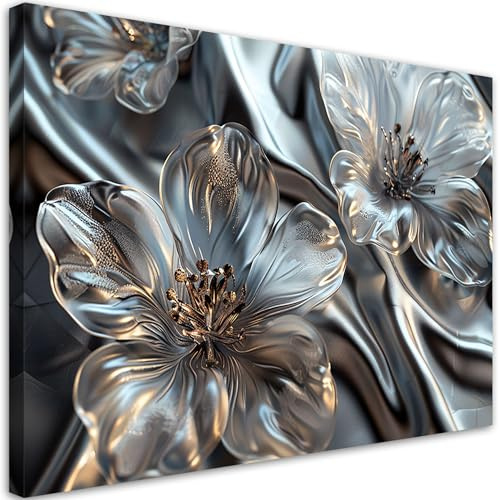 Feeby Wandbild - Wohnzimmer Modern Deko - Silber Glasblumen Abstrakt - 120x80 1tlg - Bilder Leinwand - Bild auf Leinwand Schlafzimmer - Leinwandbilder für die Wand - Canvas Painting - Fotokunst