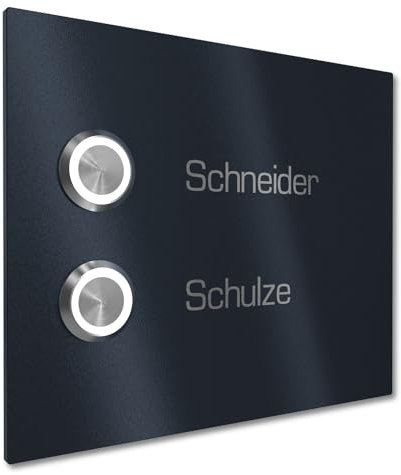 Graviers Design Mehrfamilien Türklingel mit LED Klingeltaster 2 Namen Gravur - V2A Edelstahl Klingel 140x115 mm Pulverbeschichtet RAL 7016 - Unterputz wählbar Aufputz für Haustür Zweifamilienhaus