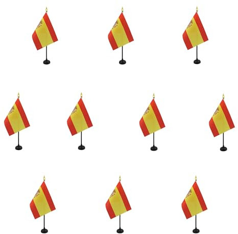 AZ FLAG - Lot de 10 Mini Drapeau Espagne De Table - 15x10 cm - 10 Drapeaux Espagnol De Bureau 100% Polyester Avec Hampe Point Dorée