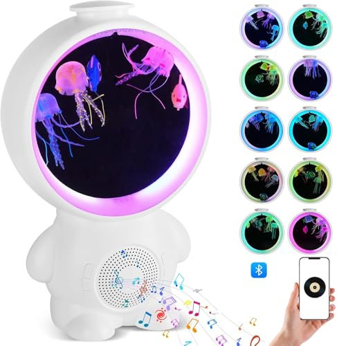 Lampara Medusa, Lámpara De Lava De Medusas Con 7 Modos De Luz LED, Ruido Blanco, Altavoz Bluetooth Para Dormitorio De Niños Regalo De Cumpleaños De Navida Alimentado Por USB (Blanco)