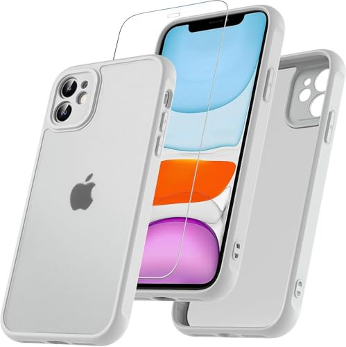 Cum2giff Carcasa mate para iPhone 11 con protector de pantalla HD de cristal, [protección militar] antiarañazos, antihuellas dactilares, parte trasera translúcida para iPhone 11 (gris)