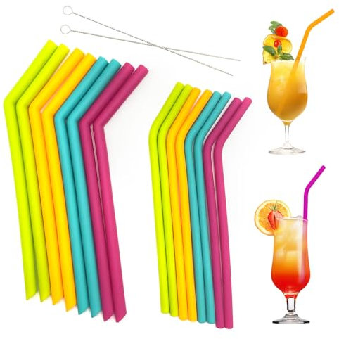 FUIPVGI Lot de 16 pailles réutilisables en silicone, pailles pliées colorées, taille standard pour adultes et enfants, pailles en caoutchouc souple et flexible avec 2 brosses de nettoyage