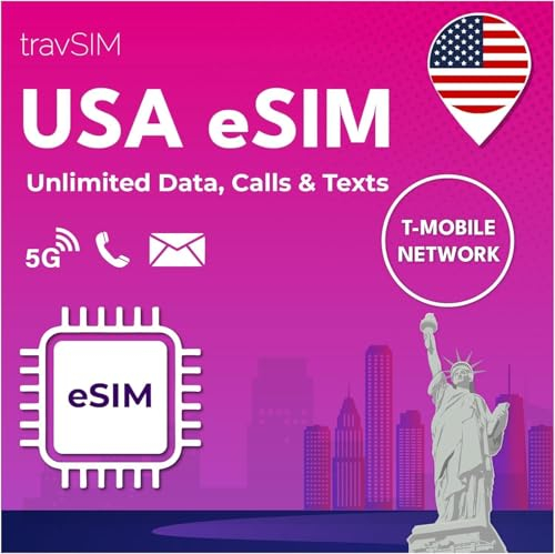 travSIM USA eSIM | T-Mobile Netz | Unbegrenzte Daten, Anrufe & Texte in den USA | e SIM Amerika funktioniert auf eSIM kompatiblen iOS & Android Geräten | e SIM Karte USA 14 Tage