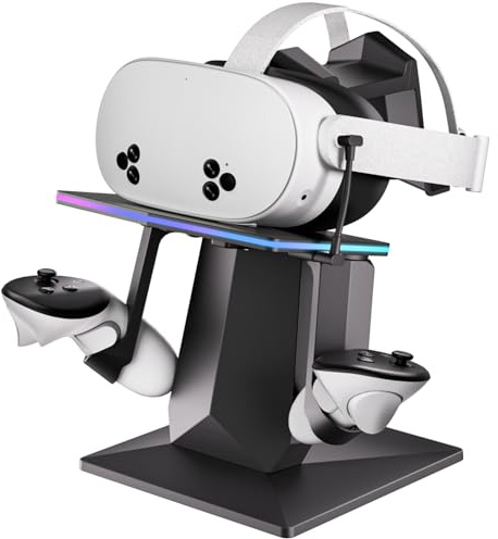 ODGG Ladestation kompatibel mit Meta Quest 2, Meta Quest 3 oder Meta Quest 3S, unterstützt Schnelllade-VR-Ladestation mit RGB-Licht, Typ-C-Kabel, VR-Controller-Halter-Ständer