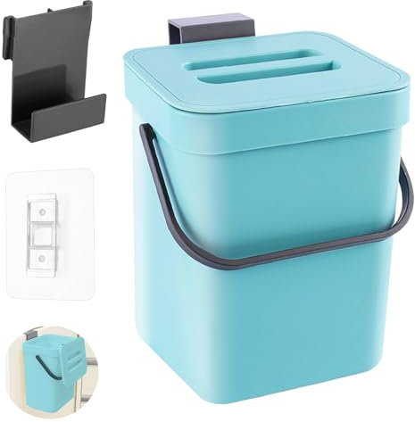 FEADBYT Hängender Mülleimer, 3L Biomühleimer Küche, Mülleimer, Mülleimer für Arbeitsplatte, 16,1x13x20,5cm Nicht perforiertes hängendes Müllloch, An der Wand Montierter Kleiner Mülleimer, Blau