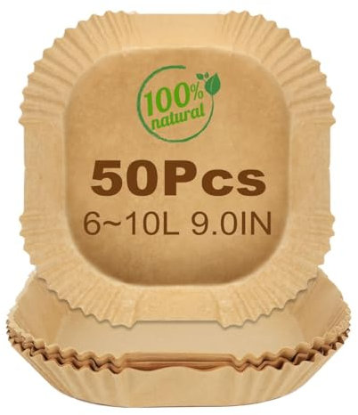THLO INC 50PCS Air Fryer Parchment Liners 9.0 Inch Disposable Square Air Fryer Liners Parchment Paper Liner Food Grade Baking Paper Oil-Proof, Water-Proof, for Air Fryer Liner 6L-10L