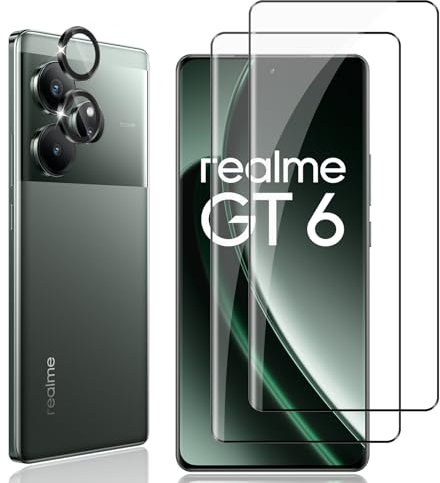 Locofun Protector de Pantalla para Realme GT 6 / GT 6T 5G, 2 Piezas Cristal Vidrio Templado y 2 Piezas Protector Lente Cámara, HD Anti-Arañazos Película Protectora