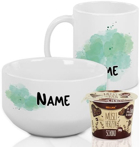 GRAZDesign Müslischale mit Tasse Frühstücksset mit Namen personalisiert Farbklecks inkl. Geschenkbox (mehrfarbig, Müslischale einzeln)
