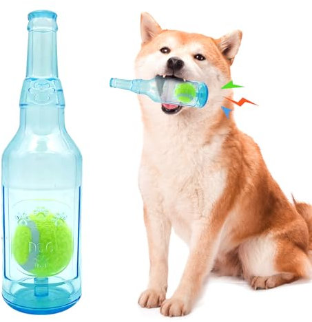 Cxqbsmy 2-Pack Squeaky Dog Chew Toys, Indestructible Dog Chew Toys, Plastic Bottle Toys for Dogs with Tennis Ball, Dogs Dental Care Teeth Cleaning Toy for Large and Small Dog (Blue, Small)