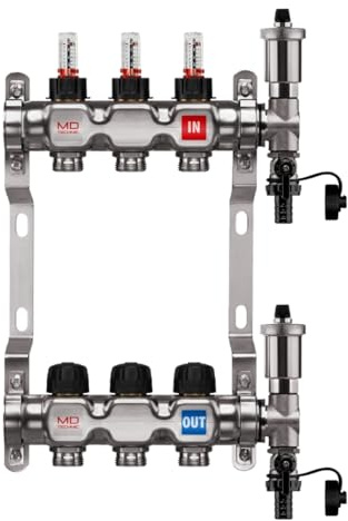 MD Technic Heizkreisverteiler Edelstahl 3 Heizkreise Ohne Kugelhahn | inklusive Durchflussmesser Handventile Montage/Wandhalterungen Endset und automatische Entlüfter