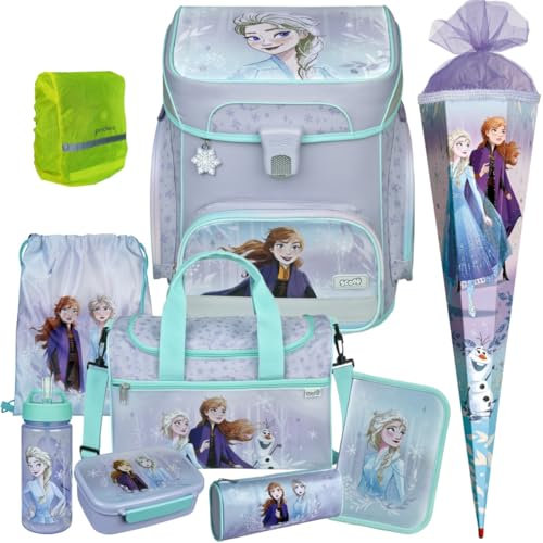 Pridera Scooli Schulranzen Mädchen 1.Klasse EasyFit (10tlg. Set mit Sporttasche Brotdose Trinkflasche Schultüte F, Regenhülle gratis, Frozen)