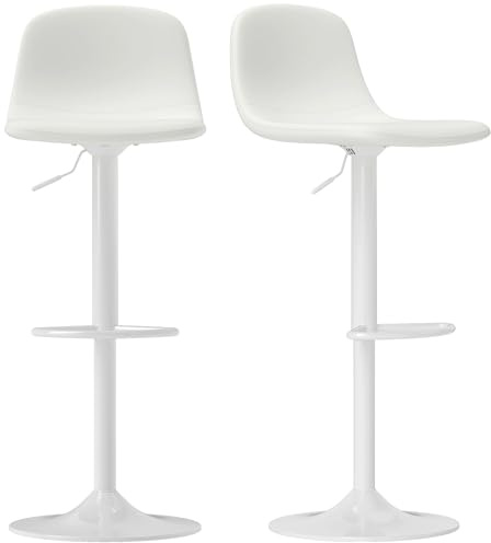 HOMCOM Juego de 2 Taburetes de Bar Regulable en Altura 84-104 cm Blanco | Taburetes Altos de Cocina, Respaldo y Reposapiés, Tapizado en PU, Giratorio en 360°, Comedor Mostrador