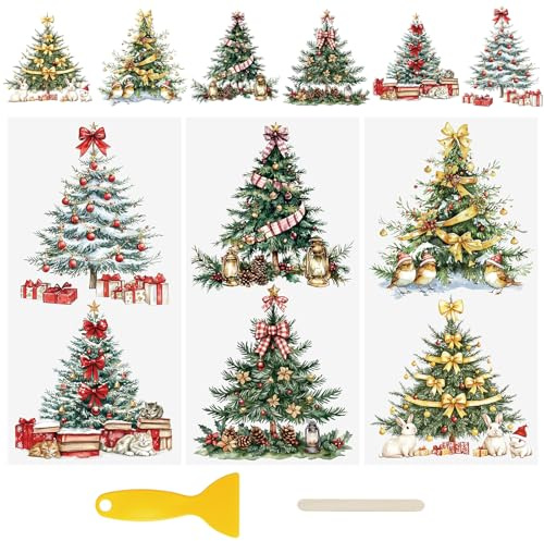 WANDIC 3 Sheets UV DTF Cup Warp Merry Christmas Tree Rub on Transfer Stickers, Waterproof Decals for DIY Glass Window Water Bottle Furniture Crafts,15 * 30cm
