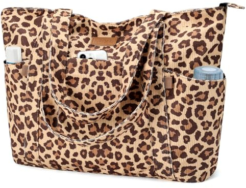 Lekespring Cord Tasche Damen, Groß Tote Bag Strandtasche mit Reißverschluss | Shopper Tasche Damen Laptoptasche mit 15.6 Zoll Laptopfach, Handtasche Umhängetasche für Arbeit Schule Gym-Leopardenmuster