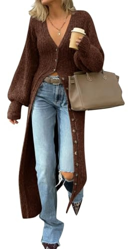 ebossy Women's V Neck Long Cardigan Lantern Sleeve Button Down Rib Knit Maxi Sweater Coat 2025 Trendy Winter Dresses