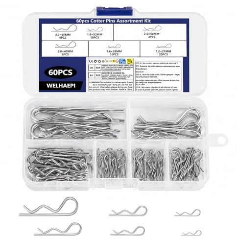WELHAEPI 60 Pcs Cotter Pins Set, 304 Stainless R Clips Split Pins | 304 Stainless Steel R Clips & Split Pins–Retaining Spring Fasteners for Cars, Trucks, Campers, Lawn Mower & Garden Equipment