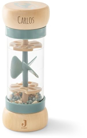 GRAVURZEILE Gravierter Jollein Regenmacher - On The Go - Personalisiert mit Name - Baby Rassel aus Holz - Regenrassel mit transparenter Röhre & bunten Kugeln - Geschenk für Jungen & Mädchen zur Geburt