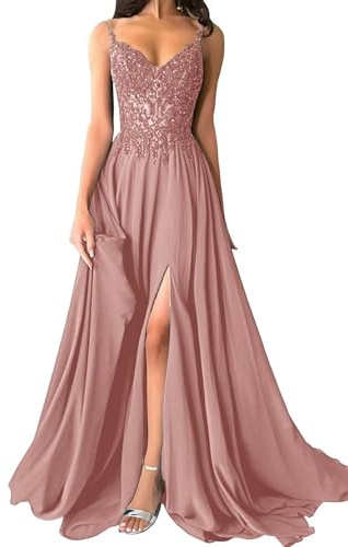 Damen Chiffon Ballkleider Spaghettiträger Spitzenapplikationen Abendkleider Elegant für Hochzeit A-Linie Ballkleid mit Schlitz