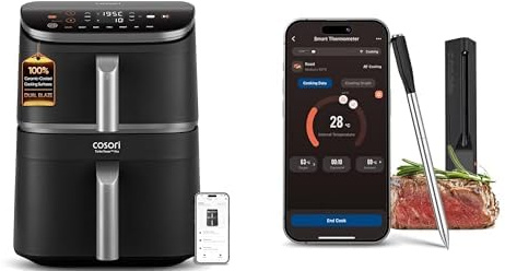 COSORI Turbo Tower Pro Dual Air Fryer and Wireless Meat Thermometer, 10.8L Ceramic Coating, Stacked Space-Saving Design, DualBlaze Even Heat Tech, Thermometer for Air Fryer Grill Kitchen and Oven