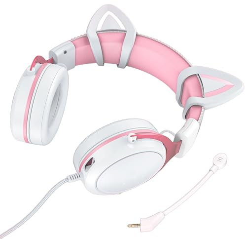Fabater Casque de Jeu Filaire, Casque à Réduction de Bruit RVB avec Micro pour PC, 3,5 Mm (Décor Rose Blanc avec Oreilles de Chat)
