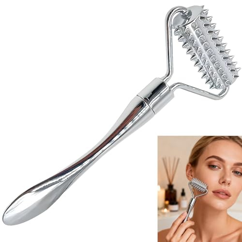 Gesichtsroller aus Metall,Gesichtsmassagegerät,Akupunktur-Massageroller mit Riffelung für Gesicht,Körper,Hals,Hände und Finger,Fördert die Durchblutung & Muskelentspannung(Silber)