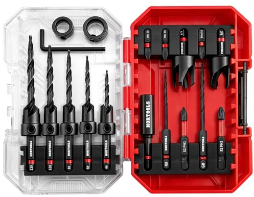 NORTOOLS Countersink Bit Set, 18 PCS Counter Sink Drill Bit for Woodworking with 2 Wood Plug Cutters, 1/4 Hex Shank Screwdriver Bits, Depth Stop Collars,82° Counterbore with Storage Case