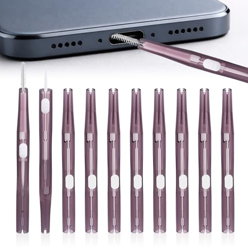 10pcs Phone Cleaning Kit, Cellphone Charging Port Cleaner Brush with Nylon Bristles & Hook Double-Sided USB-C Port Cleaner Tools for Headphones Speaker Charger(Purple)