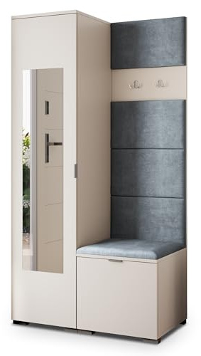 Masseno Flugarderoben Set VIRA, Kleiderschrank-Set mit Spiegel und Sitzbank, Garderobenschrank Flur mit 3 Regalböden, Kaschmir